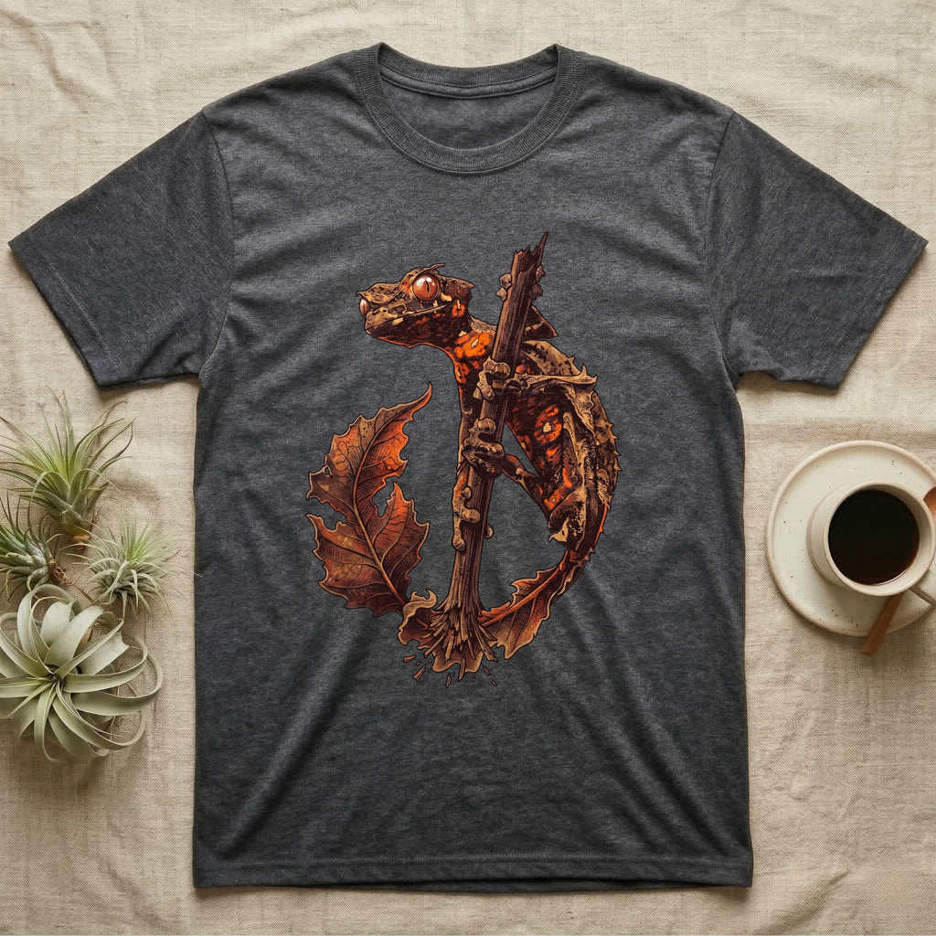Vintage ink illustration of an eyelash leaf-tailed gecko clinging to a branch with its tail curled beside a serrated leaf, no on-shirt text. — shown on a Dark Heather tee.
