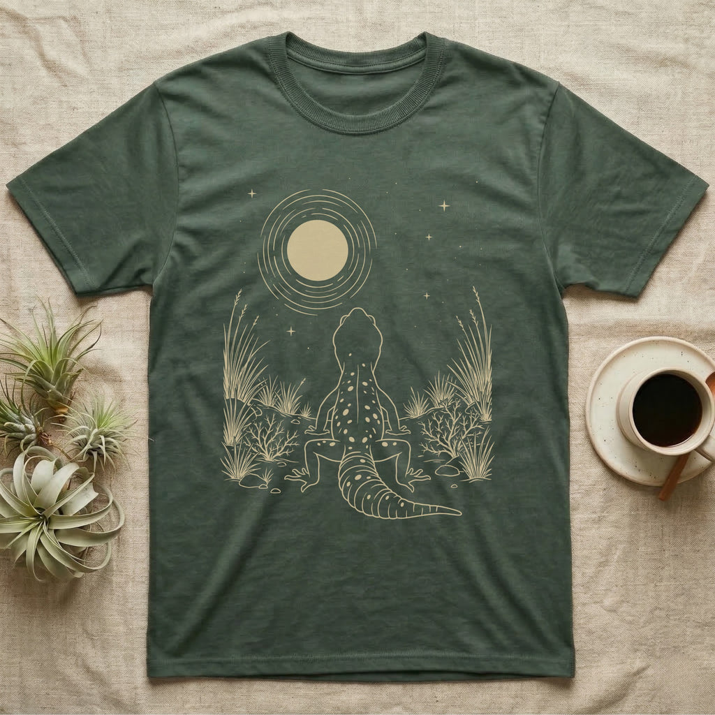 Leopard Gecko Moon T-Shirt in Military Green — Scratchboard illustration of a leopard gecko seen from behind, looking up at a scratched moon over dry grasses.