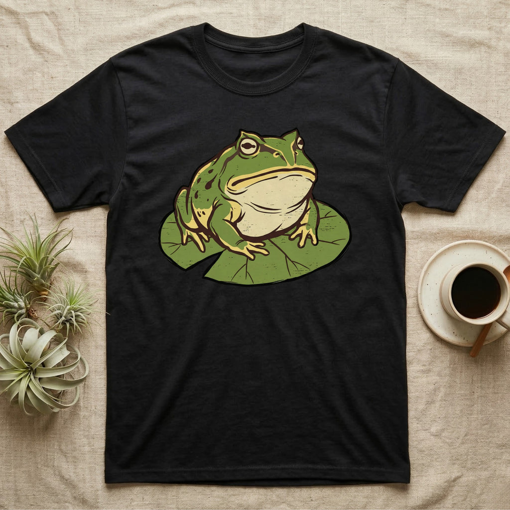 Black t-shirt with a green frog sitting on a lily pad design.