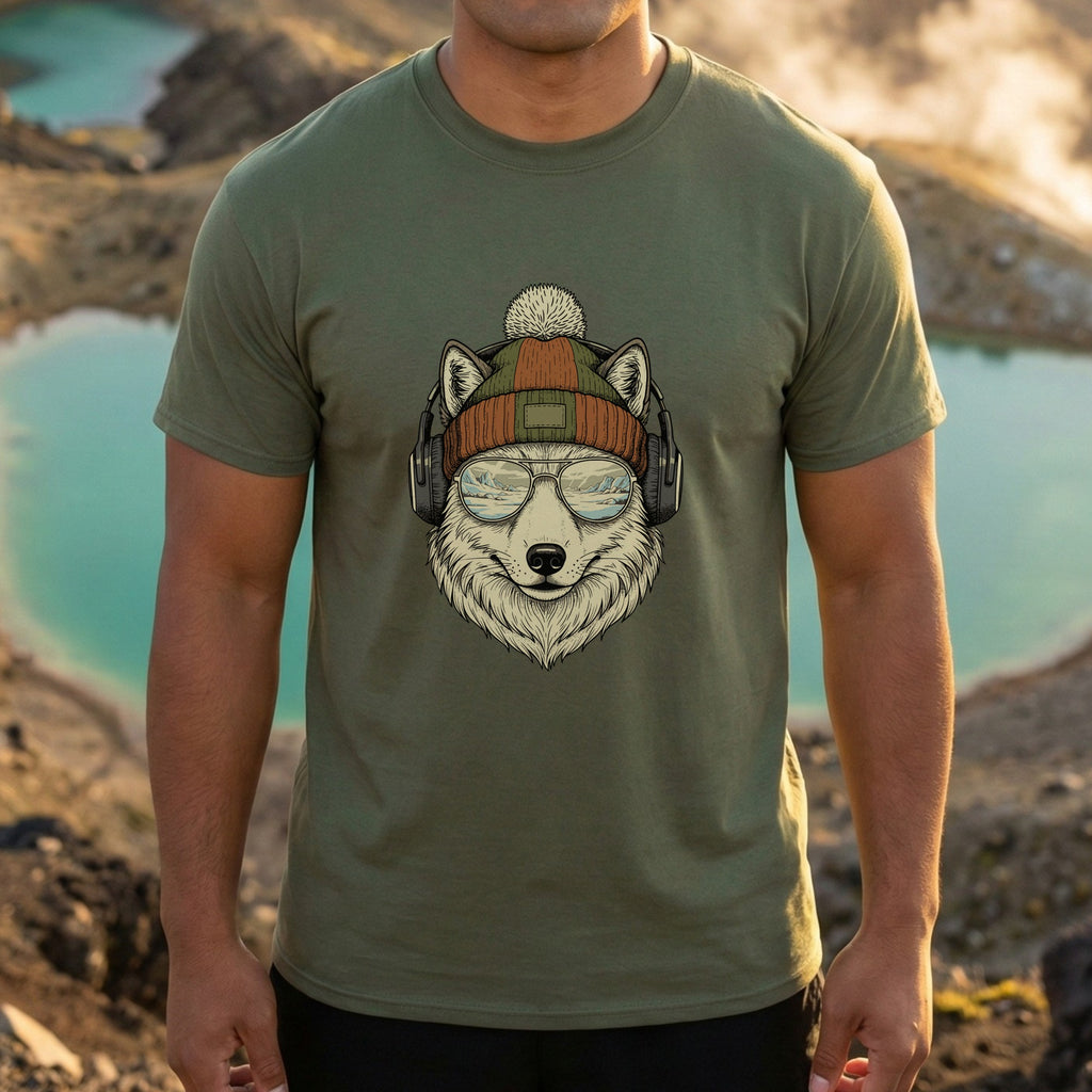 Cool Wolf Wearing Beanie and Headphones T-Shirt