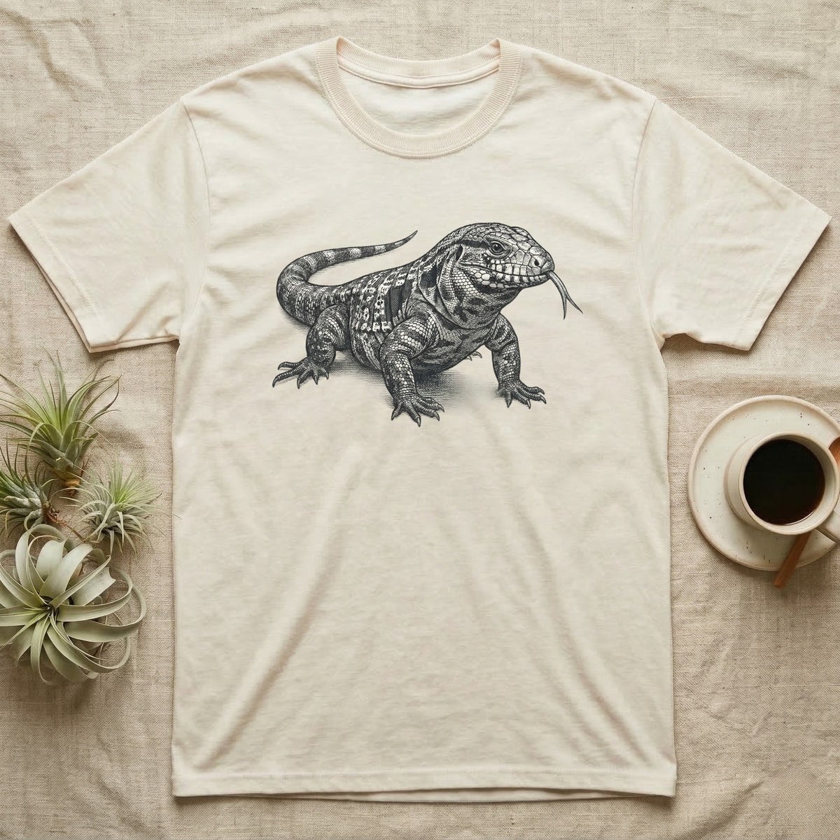 T-shirt with a detailed drawing of a lizard with its tongue out.