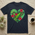 Dark t-shirt with heart-shaped tropical leaves, hibiscus flowers, and a green gecko.