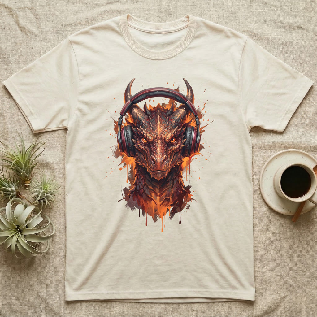 T-shirt with a detailed illustration of a dragon's head wearing headphones.