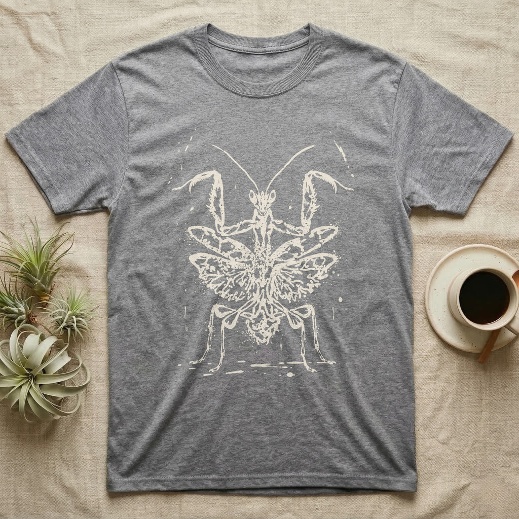 Orchid Mantis Threat Display T-Shirt in Sport Grey — Bleach-spatter stencil illustration of an orchid mantis reared square-on into a full threat display.