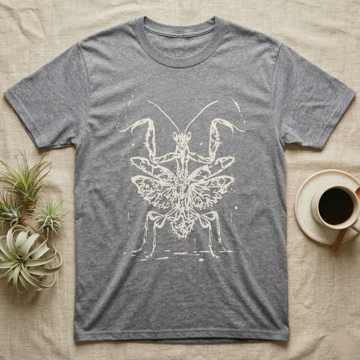 Orchid Mantis Threat Display T-Shirt in Sport Grey — Bleach-spatter stencil illustration of an orchid mantis reared square-on into a full threat display.