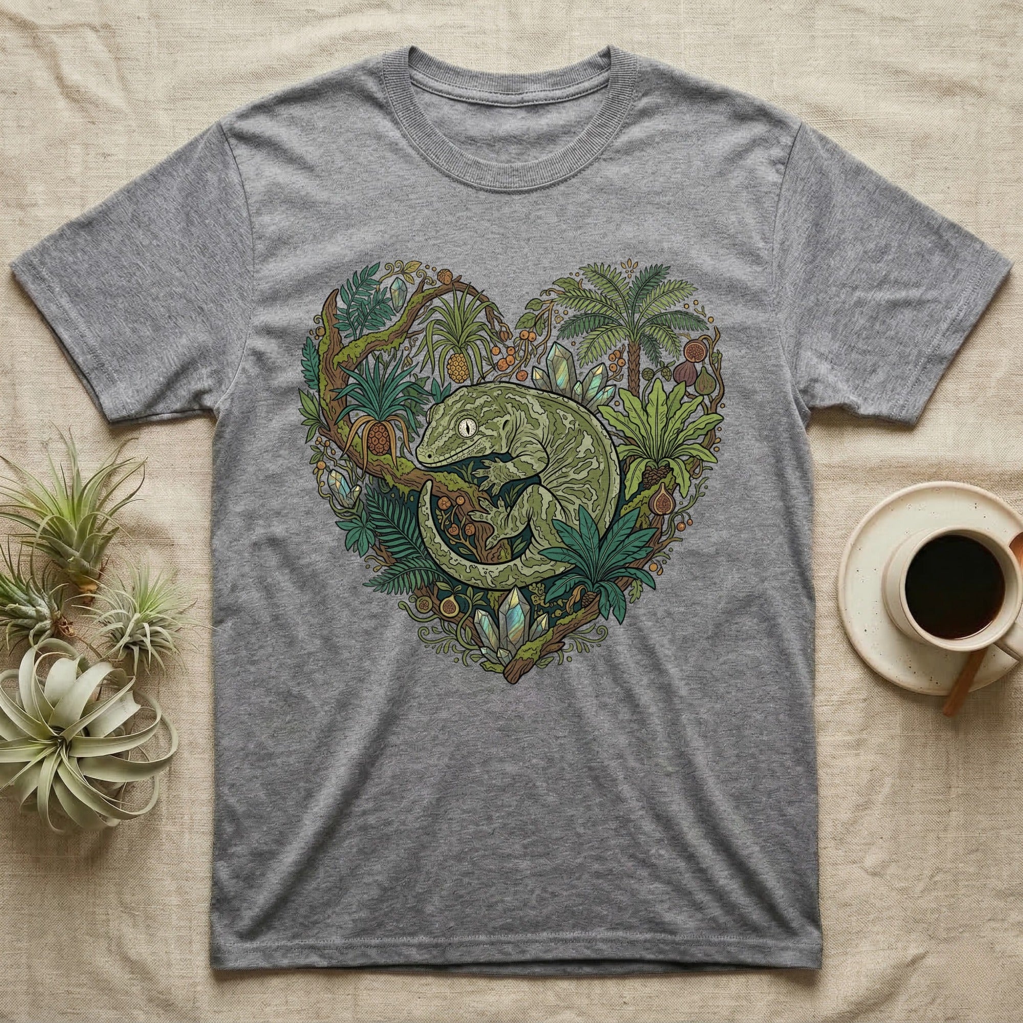 Grey t-shirt with a heart-shaped jungle design featuring a gecko.