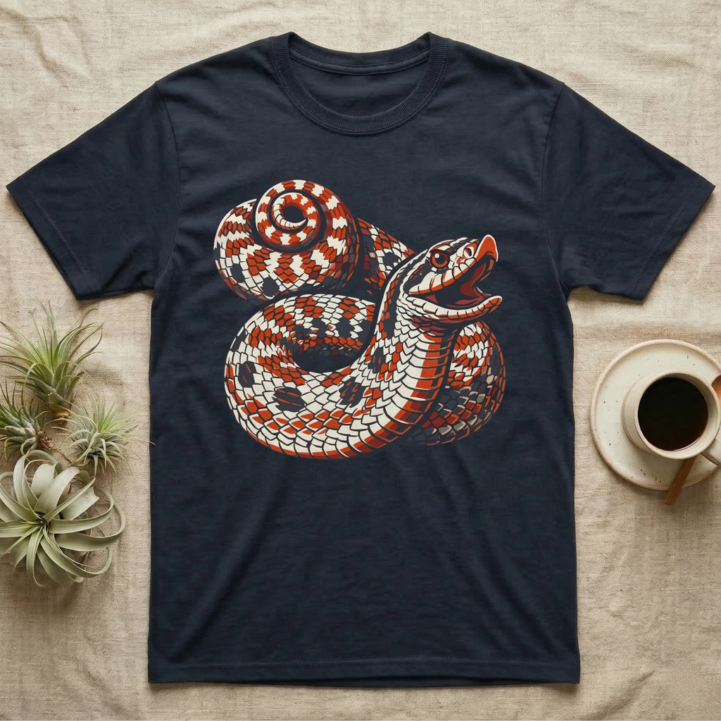 Hognose Snake Hood Flare T-Shirt in Navy — Bold three-colour screen-print illustration of a coiled western hognose snake with its neck flared into a hood and mouth open, no on-shirt text.