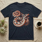 Hognose Snake Hood Flare T-Shirt in Navy — Bold three-colour screen-print illustration of a coiled western hognose snake with its neck flared into a hood and mouth open, no on-shirt text.