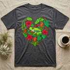 Dark grey t-shirt with a heart-shaped tropical floral design featuring a red-eyed tree frog.