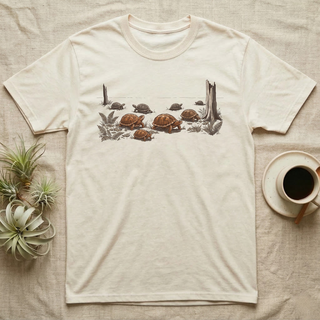 Box Turtle Forest Floor T-Shirt in Natural — Sepia ink and wash illustration of eight eastern box turtles crossing open woodland between two deadfall trunks.