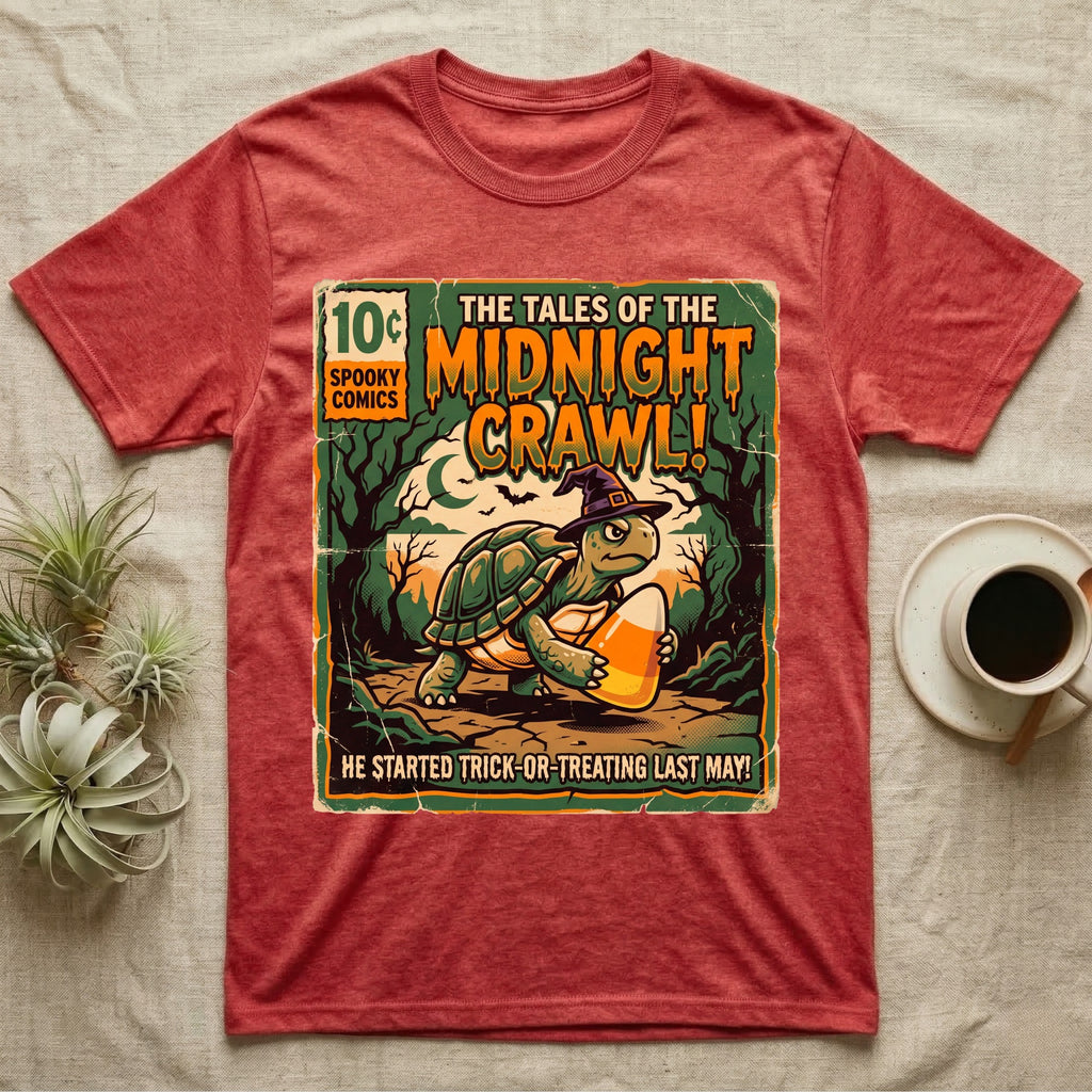 Tortoise Midnight Crawl Comic T-Shirt in Heather Red — Vintage comic cover of a witch-hatted tortoise with candy corn in a moonlit forest, "Tales of the Midnight Crawl."
