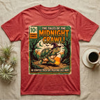 Tortoise Midnight Crawl Comic T-Shirt in Heather Red — Vintage comic cover of a witch-hatted tortoise with candy corn in a moonlit forest, "Tales of the Midnight Crawl."
