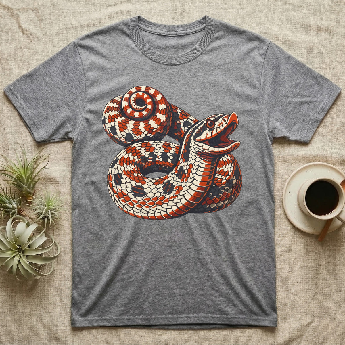 Hognose Snake Hood Flare T-Shirt in Sport Grey — Bold three-colour screen-print illustration of a coiled western hognose snake with its neck flared into a hood and mouth open, no on-shirt text.