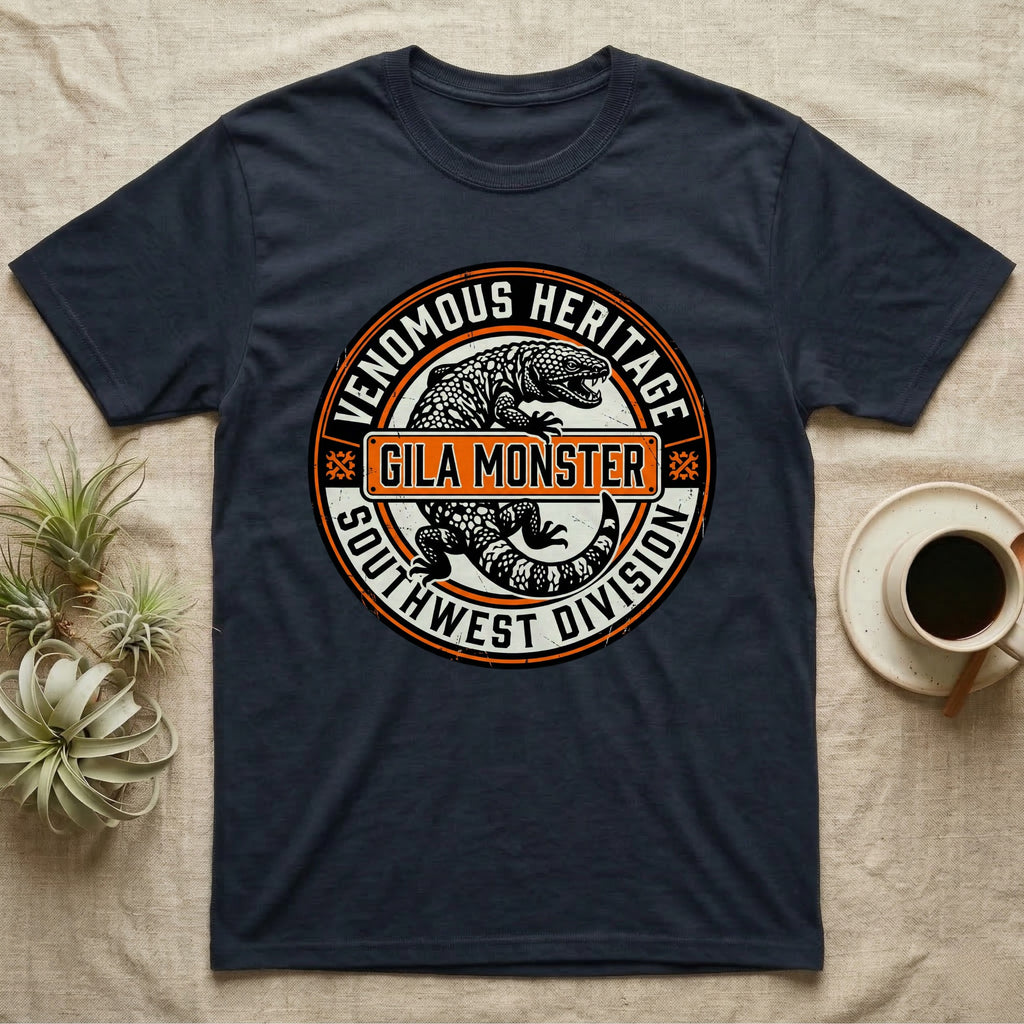 Dark blue t-shirt with orange and white "Venomous Heritage Southwest Division Gila Monster" text design.