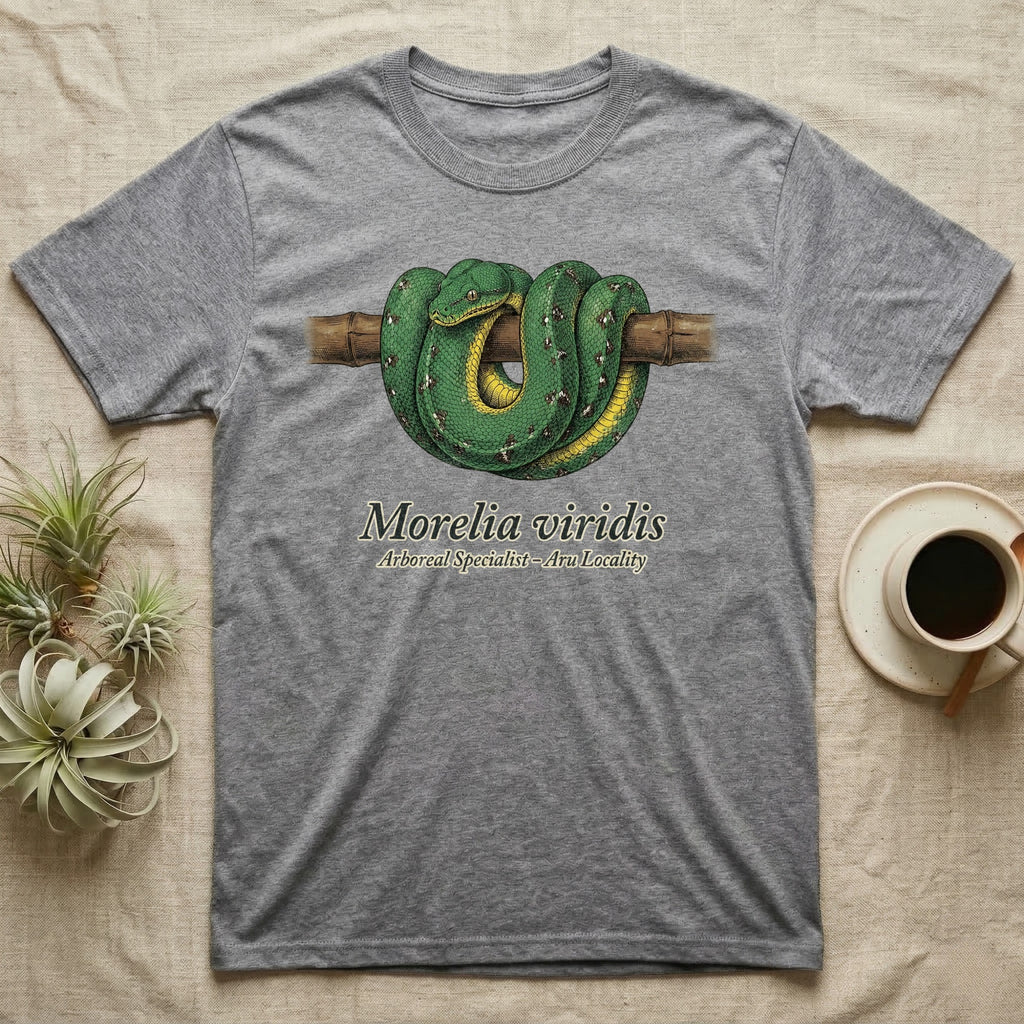 Green python (Morelia viridis) coiled on branch, text "Morelia viridis - Arboreal Specialist - Aru Locality".