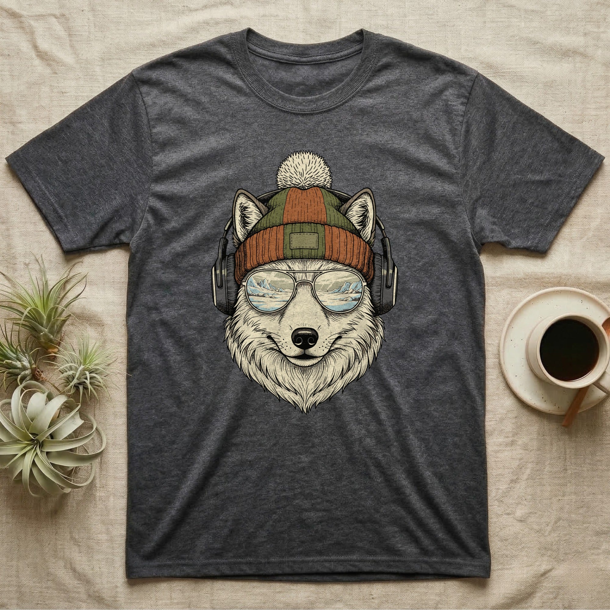 Wolf wearing headphones and sunglasses with mountain landscape reflection.