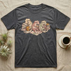 Gecko Book Club T-Shirt in Dark Heather — Warm storybook illustration of three crested geckos in a cozy reading row, each beside a tiny stack of books.