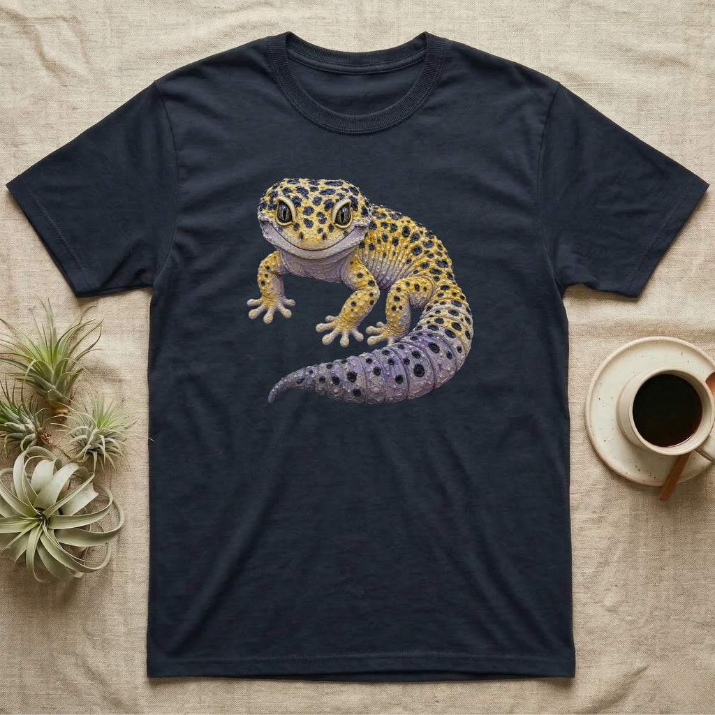Dark t-shirt featuring a colorful illustration of a leopard gecko.