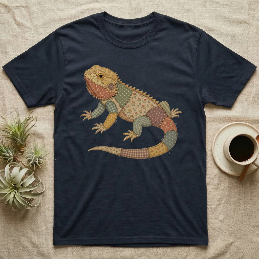 Dark t-shirt with a patchwork bearded dragon graphic.
