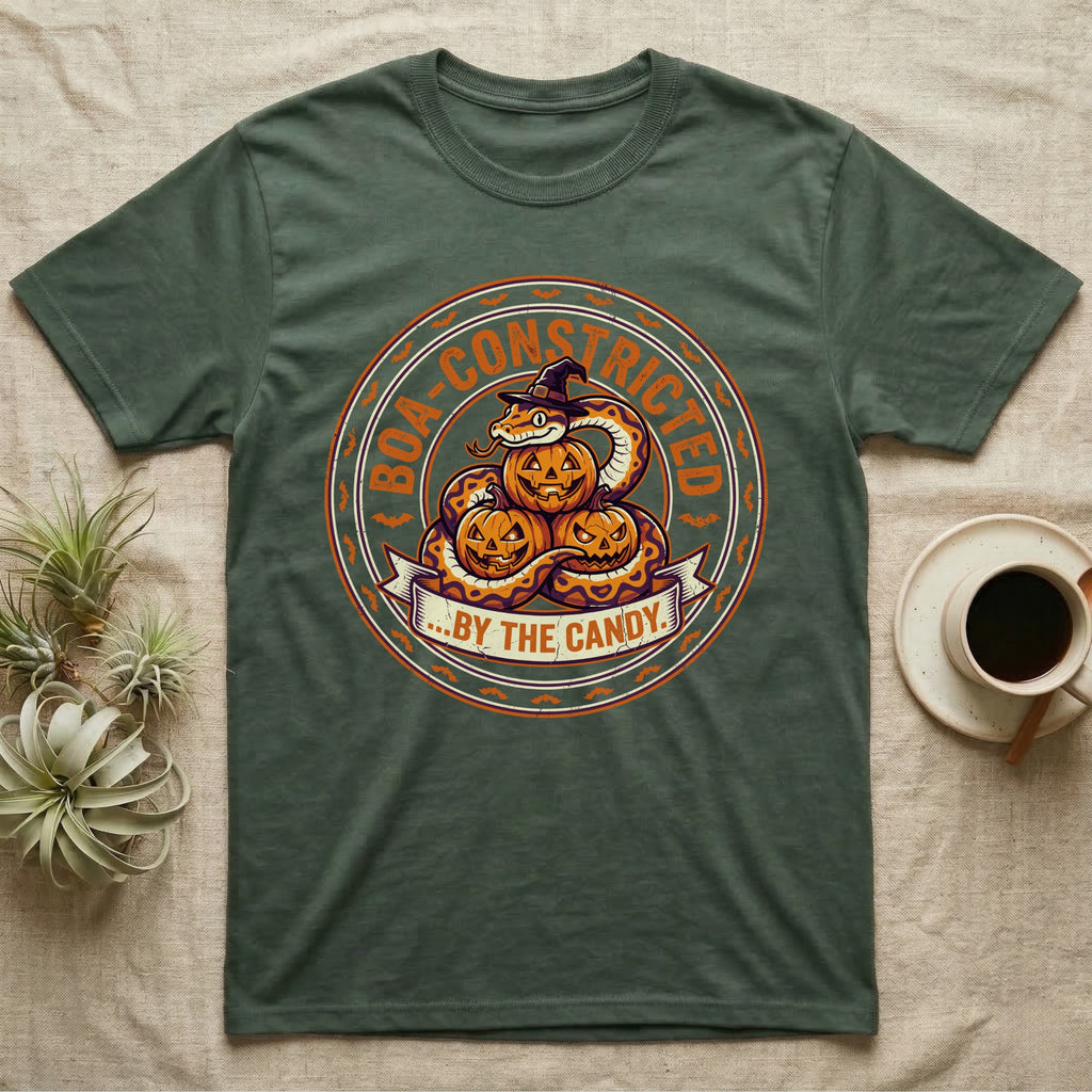 Ball Python Boa-Constricted Candy T-Shirt in Military Green — Distressed badge of a witch-hatted ball python on three jack-o'-lanterns, "Boa-Constricted by the Candy."