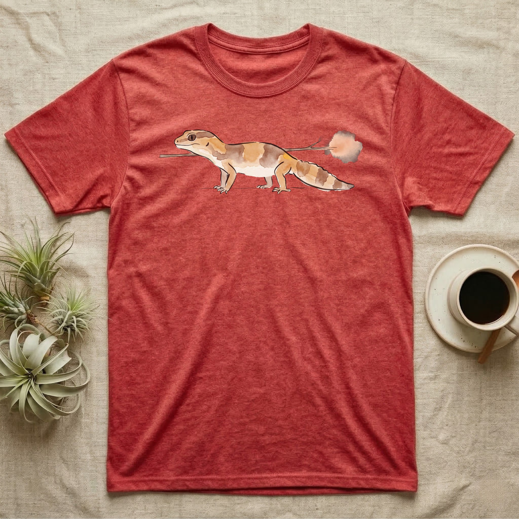 African Fat-Tailed Gecko Watercolour T-Shirt in Heather Red — Watercolour African fat-tailed gecko in profile beneath a thin twig ending in a soft bloom, drawn with a broken ink line.