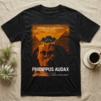 Bold Jumping Spider Vintage Poster T-Shirt in Black — Bold jumping spider on the Egyptian Sphinx in distressed halftone travel-poster style with "nowhere is impossible".