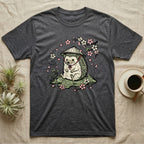 Dark grey t-shirt with a smiling hedgehog wearing a conical hat under cherry blossoms.