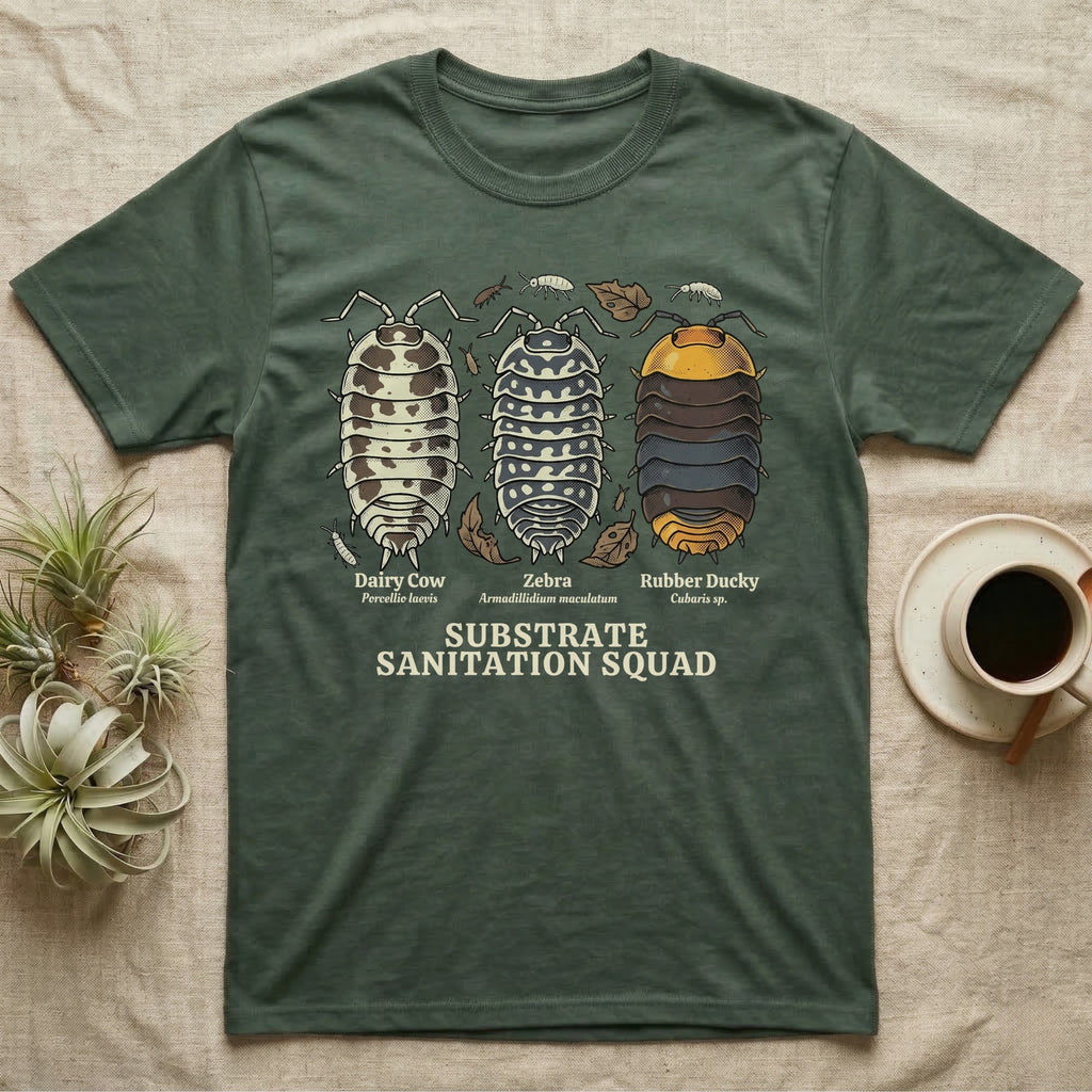 Isopod Substrate Sanitation Squad T-Shirt in Military Green — Engraved chart of dairy cow, zebra and rubber ducky isopods labelled with their scientific names.