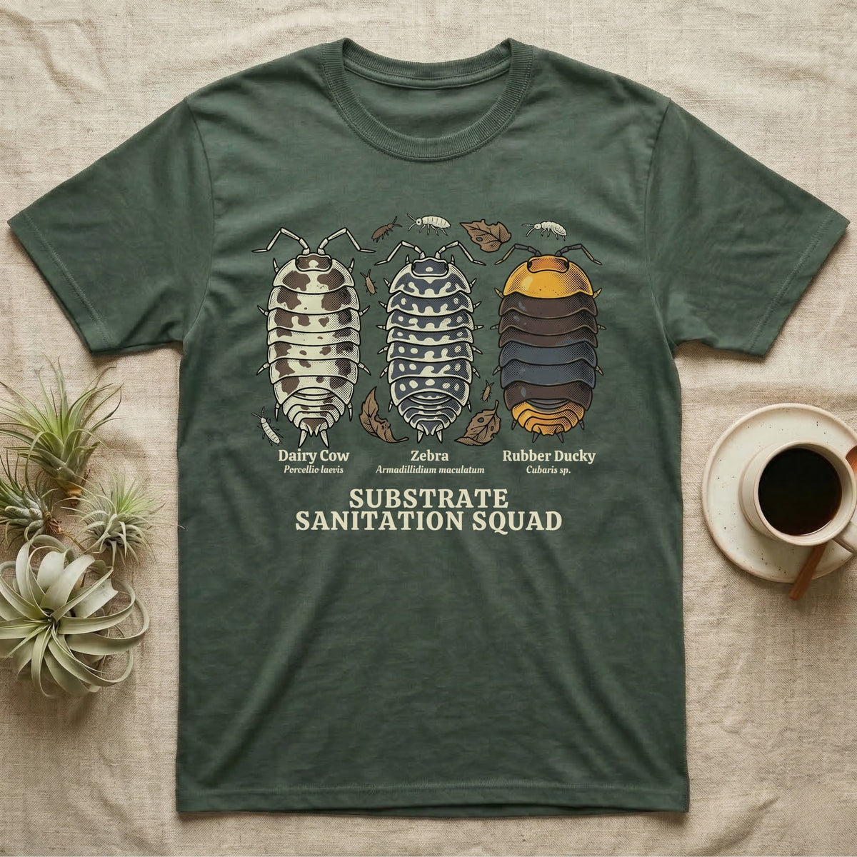 Isopod Substrate Sanitation Squad T-Shirt in Military Green — Engraved chart of dairy cow, zebra and rubber ducky isopods labelled with their scientific names.