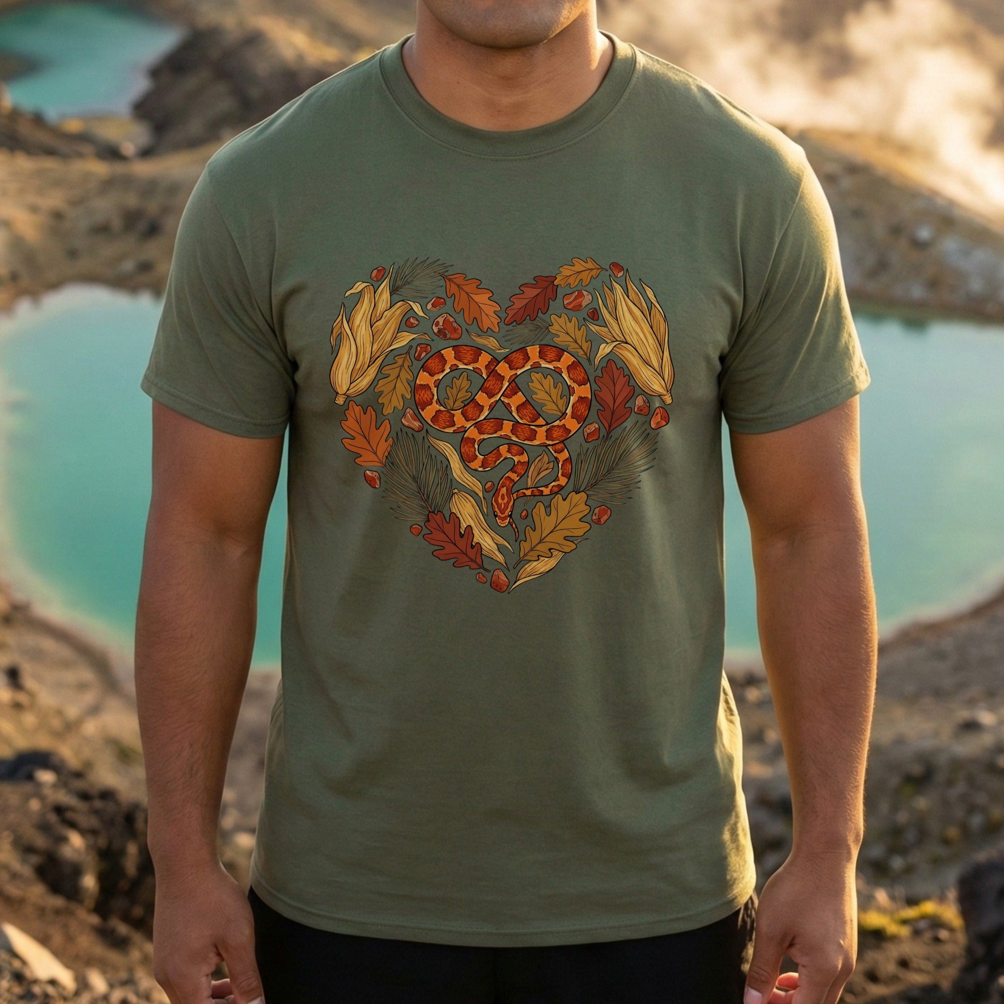 Heart Shaped Snake and Autumn Leaves Design T-shirt