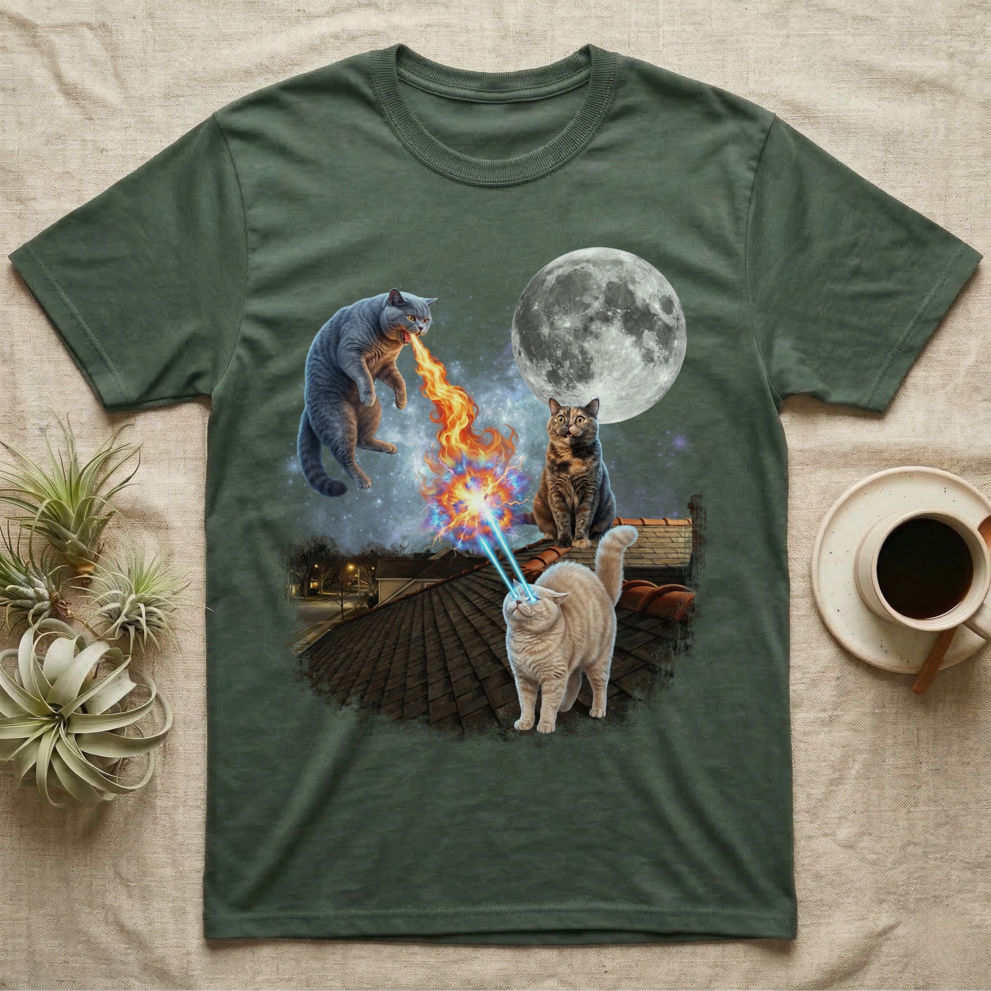 T-shirt with cats shooting lasers and fire at the moon.