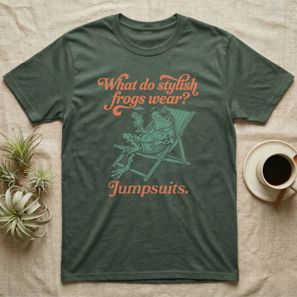 Poison Dart Frog Jumpsuit T-Shirt in Military Green — Illustrated green and black poison dart frog reclining in a beach chair with sunglasses and a cocktail, coral script asking what stylish frogs wear, answer jumpsuits.