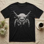 Velvet Spider Macro Portrait T-Shirt in Black — High-contrast one-ink macro portrait of a velvet spider facing forward, front legs raised, on black.