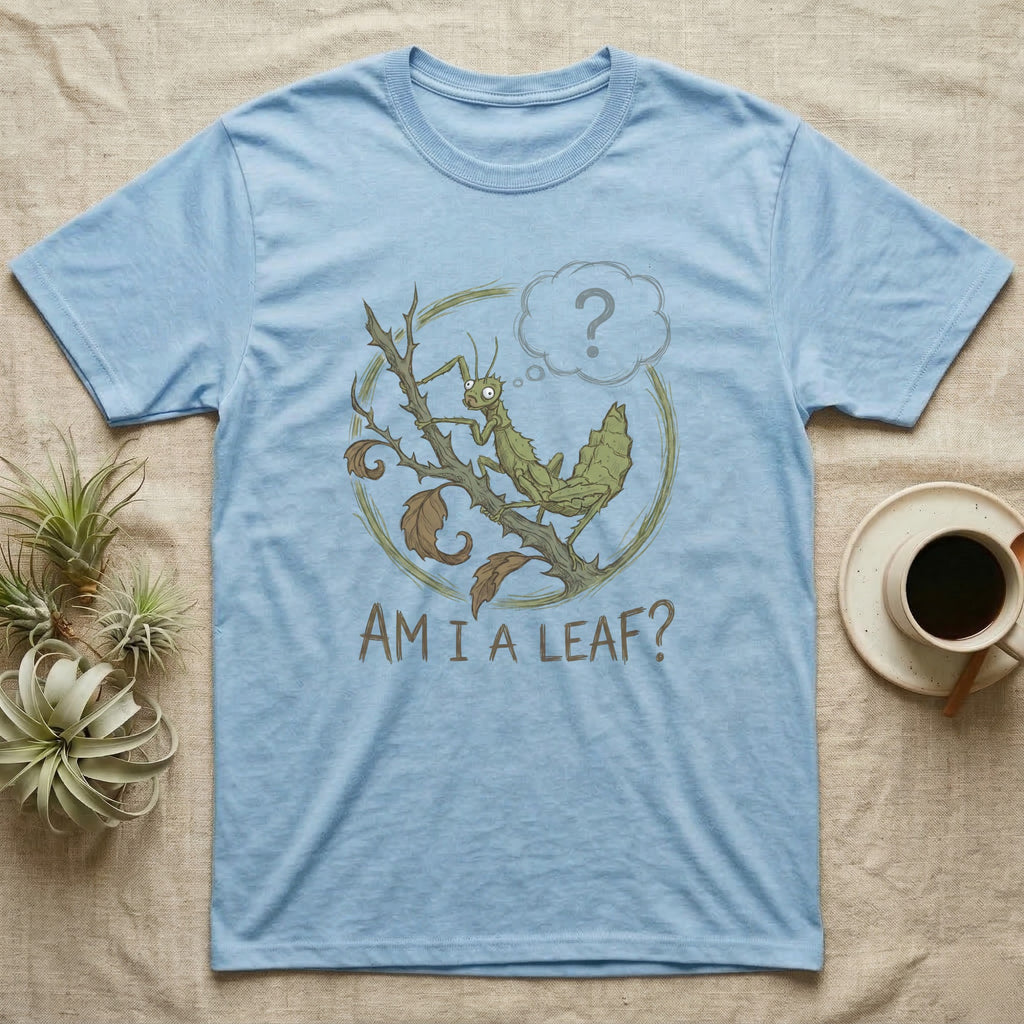 Light blue t-shirt with a cartoon stick insect asking "AM I A LEAF?"
