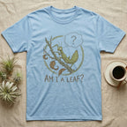 Light blue t-shirt with a cartoon stick insect asking "AM I A LEAF?"
