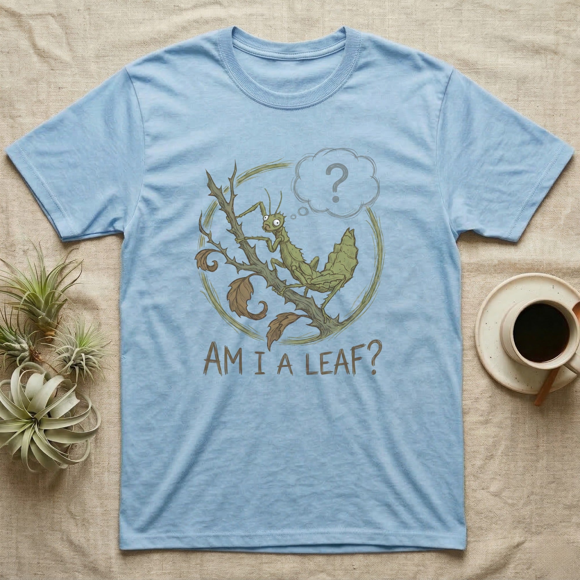 Light blue t-shirt with a cartoon stick insect asking "AM I A LEAF?"