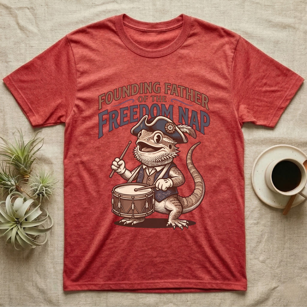 Bearded Dragon Drummer T-Shirt in Heather Red — Sepia woodcut bearded dragon as a Revolutionary drummer boy under ornate text Founding Father of the Freedom Nap.