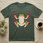 Tree Frog On Glass T-Shirt in Military Green — Vector-bold tree frog plastered against implied glass, suction feet splayed wide, small "Tree Frog On Glass." caption.