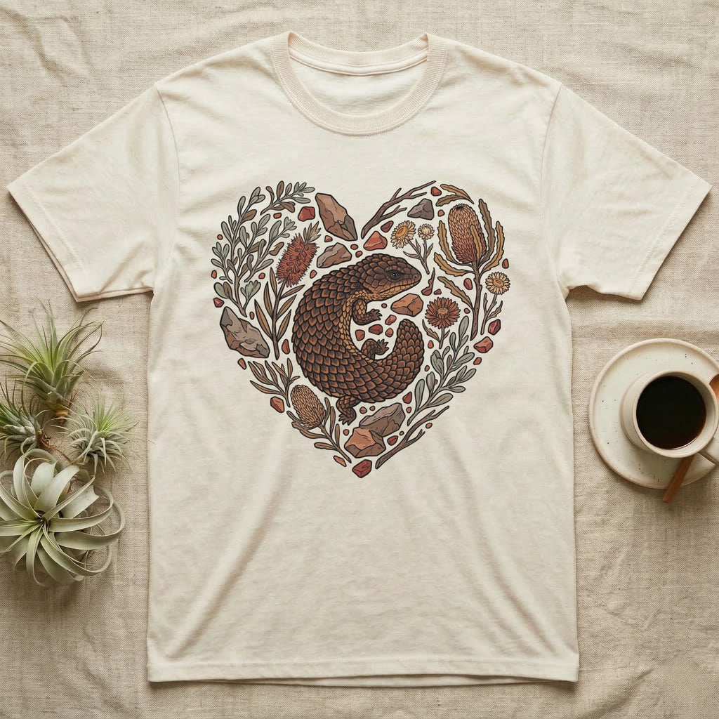 Cream t-shirt with heart-shaped floral and rock design featuring a lizard.