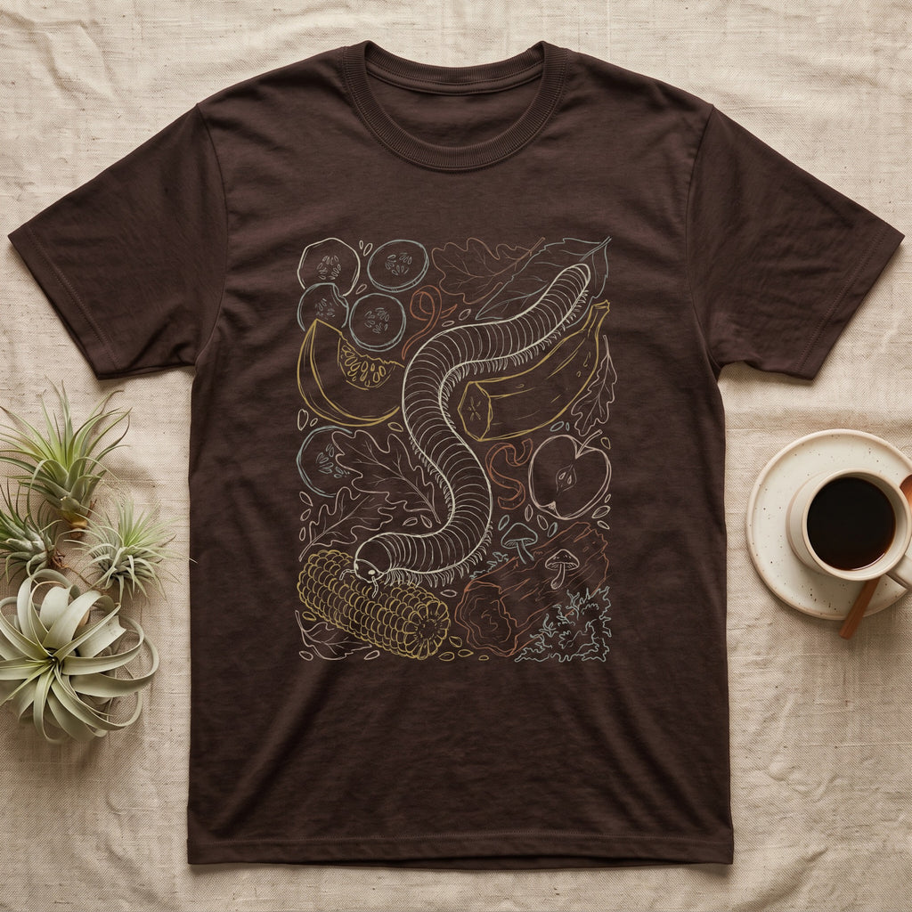 Millipede Feeding Night T-Shirt in Dark Chocolate — A giant African millipede eating sweetcorn, surrounded by cucumber, pumpkin, banana, apple and leaves, drawn in soft coloured outlines.