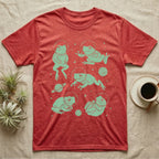 Whites Tree Frog Cosmic T-Shirt in Heather Red — Vintage screen-print illustration of White's tree frogs in astronaut helmets floating in space, cosmic jade green monochromatic on dark background.