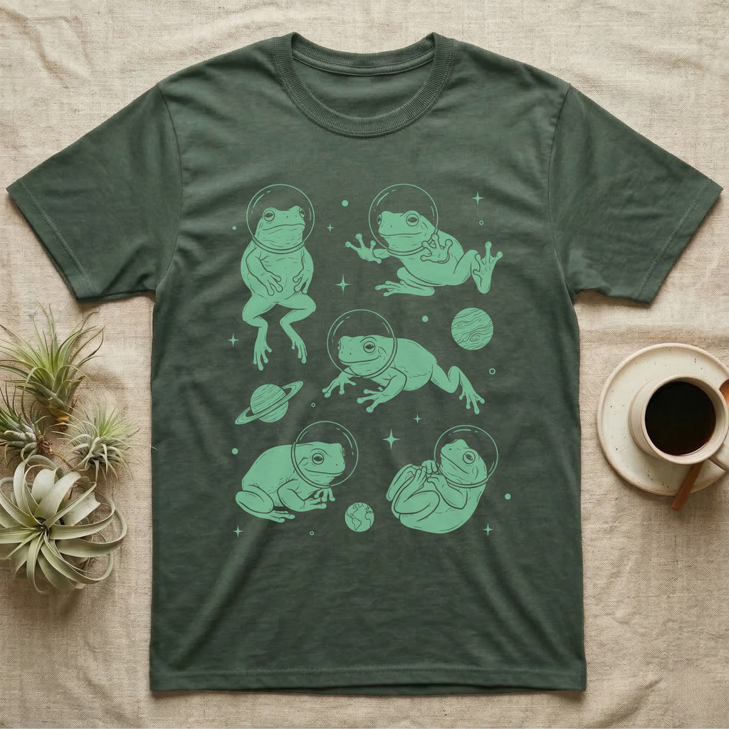 Whites Tree Frog Cosmic T-Shirt in Military Green — Vintage screen-print illustration of White's tree frogs in astronaut helmets floating in space, cosmic jade green monochromatic on dark background.