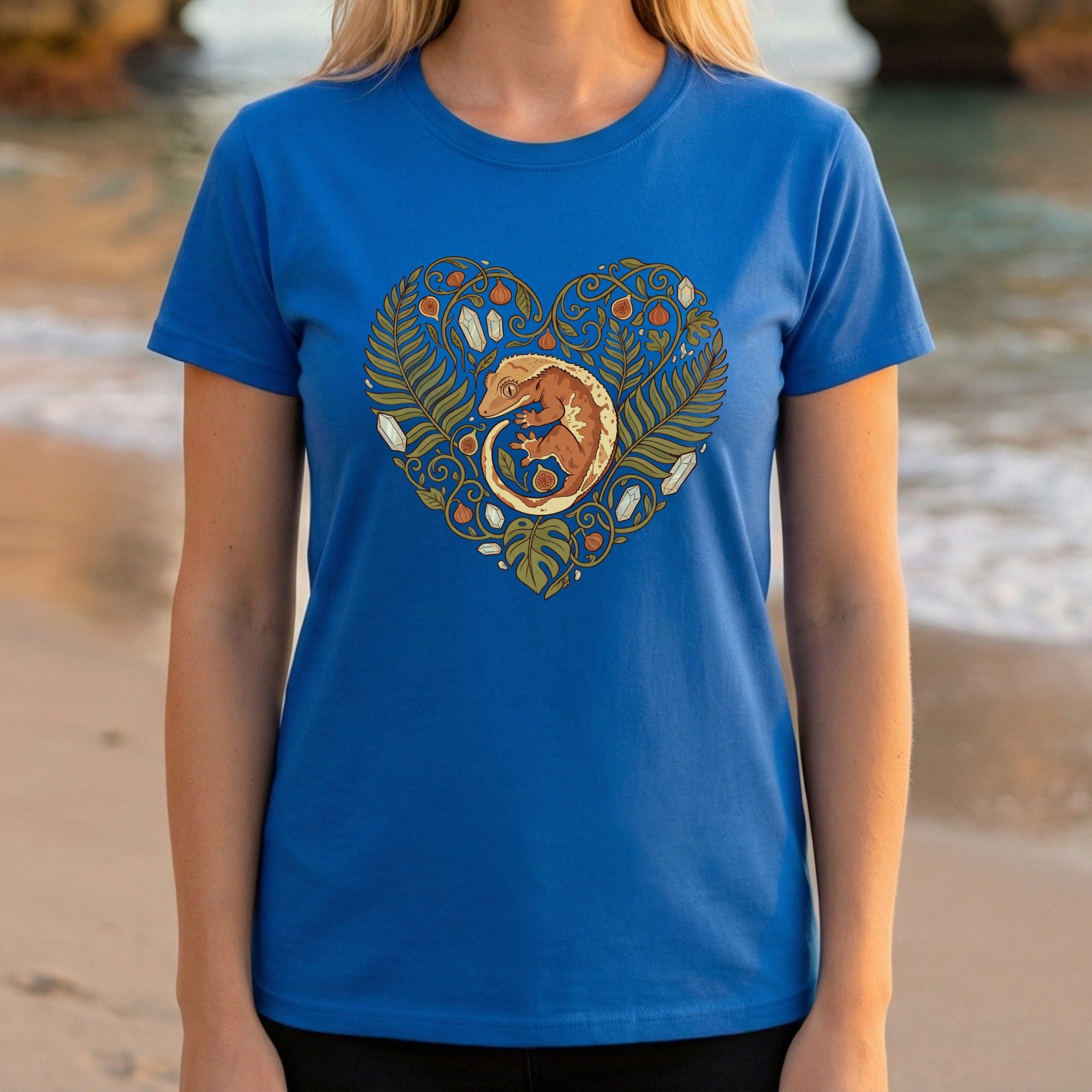Vibrant Blue T-Shirt with Heart and Gecko Design