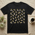 Isopod Cleanup Crew T-Shirt in Black — Flat all-over scatter of cheerful isopods in tiny hi-vis hard-hats as a bioactive cleanup crew on shift.