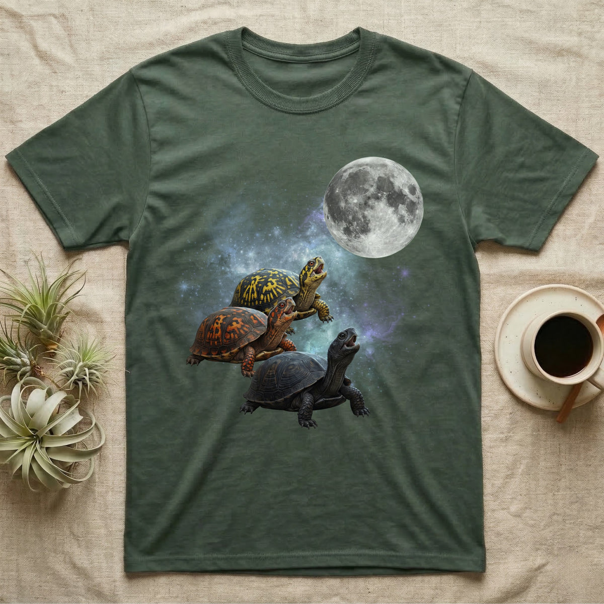 Eastern Box Turtle Moon Howl T-Shirt in Military Green — Three Eastern Box Turtle colour morphs howling at a full moon over a nebula on a dark grey t-shirt.