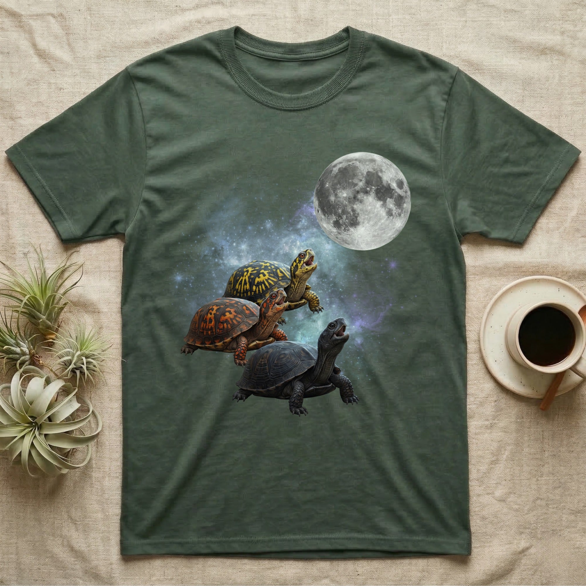 Eastern Box Turtle Moon Howl T-Shirt in Military Green — Three Eastern Box Turtle colour morphs howling at a full moon over a nebula on a dark grey t-shirt.