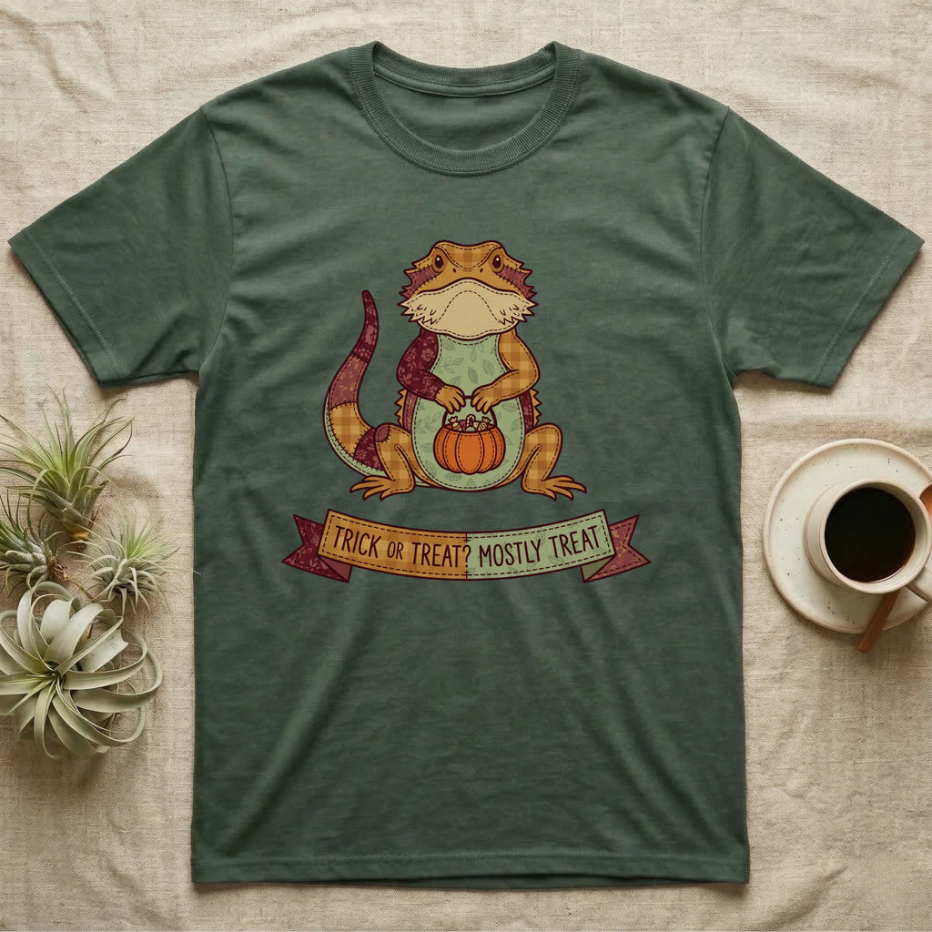 Bearded Dragon Mostly Treat T-Shirt in Military Green — Patchwork-quilt bearded dragon holding a pumpkin pail, banner reading "Trick or Treat? Mostly Treat."
