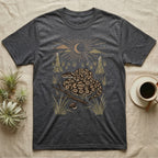 Ball Python Home Range T-Shirt in Dark Heather — Woodcut-style illustration of a ball python coiled on dry savanna ground with grass tufts and termite mounds behind, no on-shirt text.