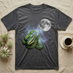 Green Tree Python Moon Howl T-Shirt in Dark Heather — Three Green Tree Python colour morphs howling at a full moon over a nebula on a dark grey t-shirt.