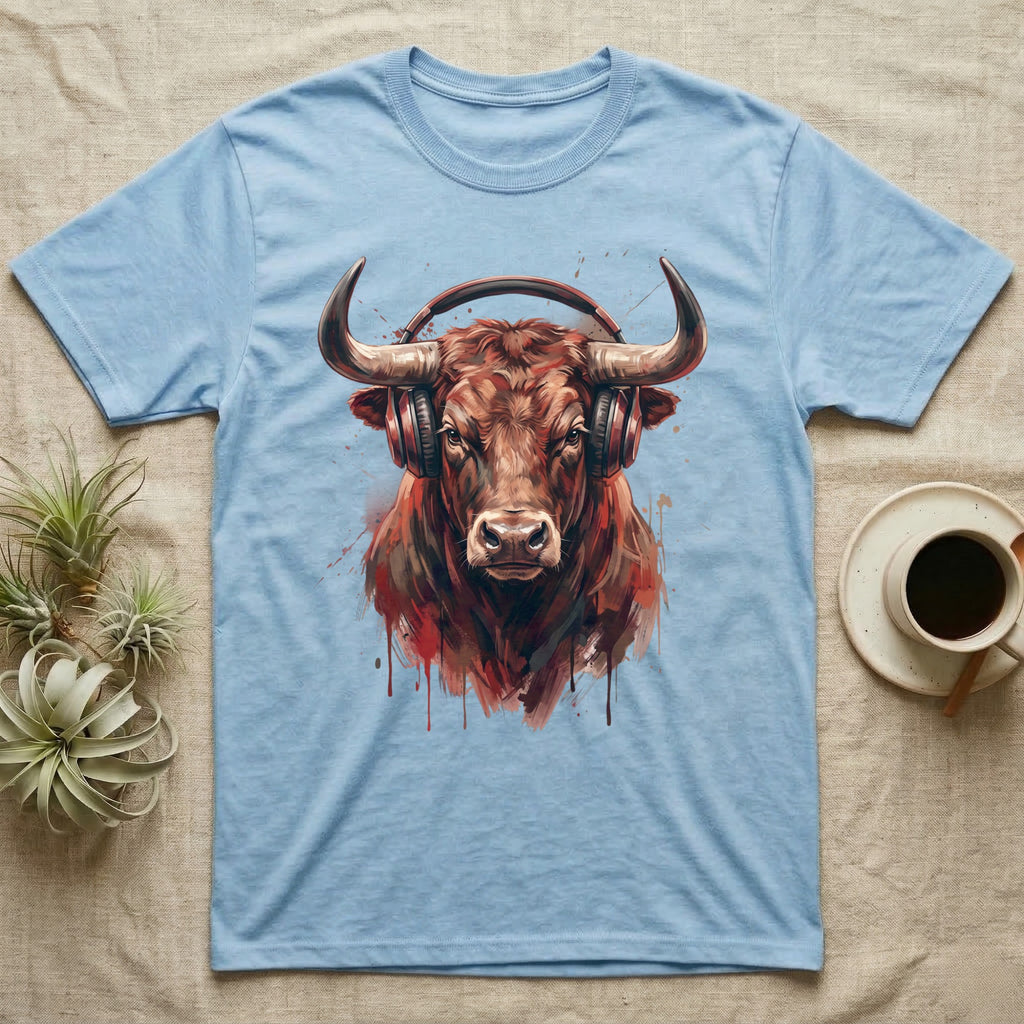 Light blue t-shirt featuring a bold, colorful bull wearing headphones.